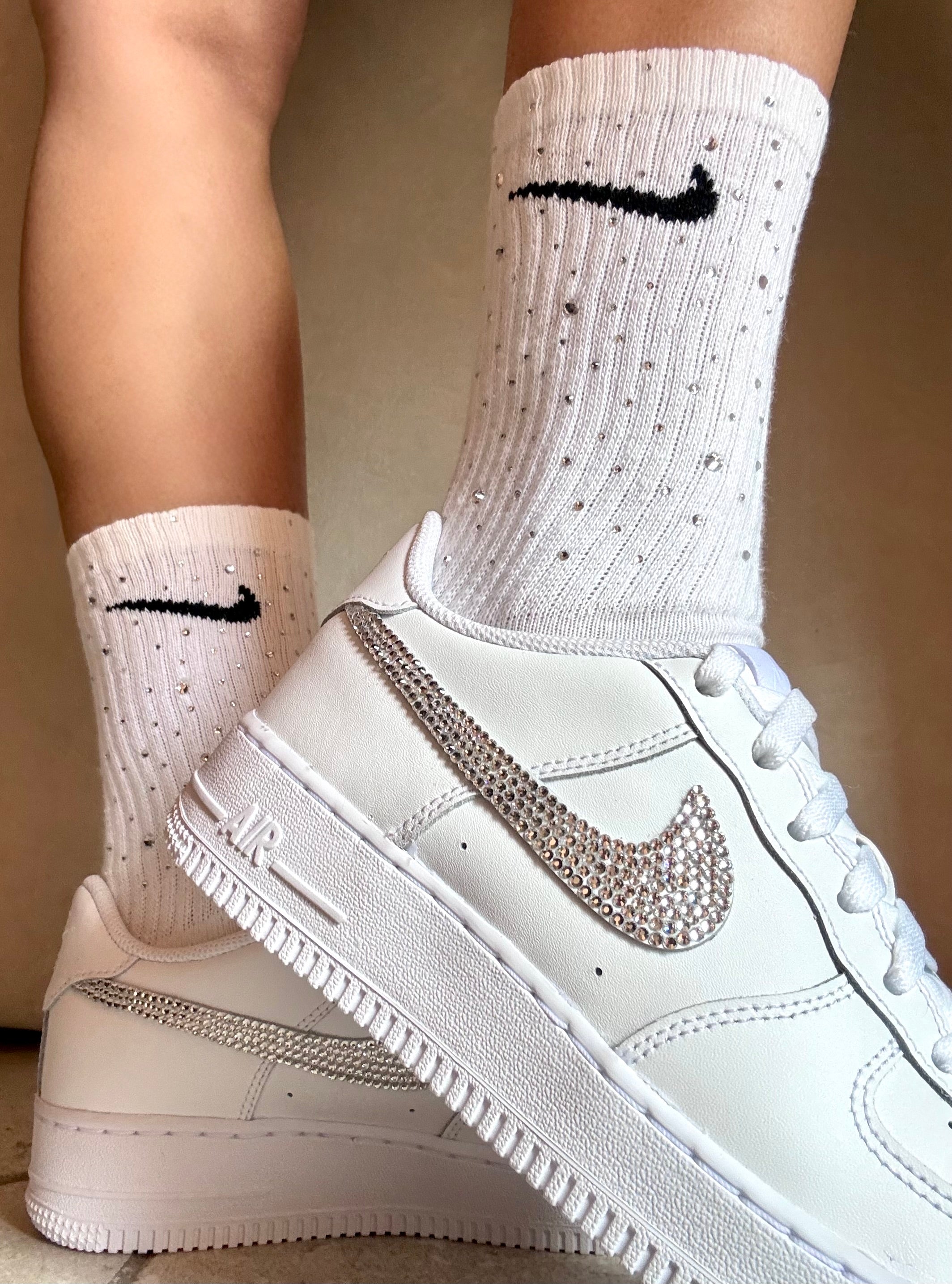 Nike Air Force 1 Total White - personalizzate con brillantini Argento